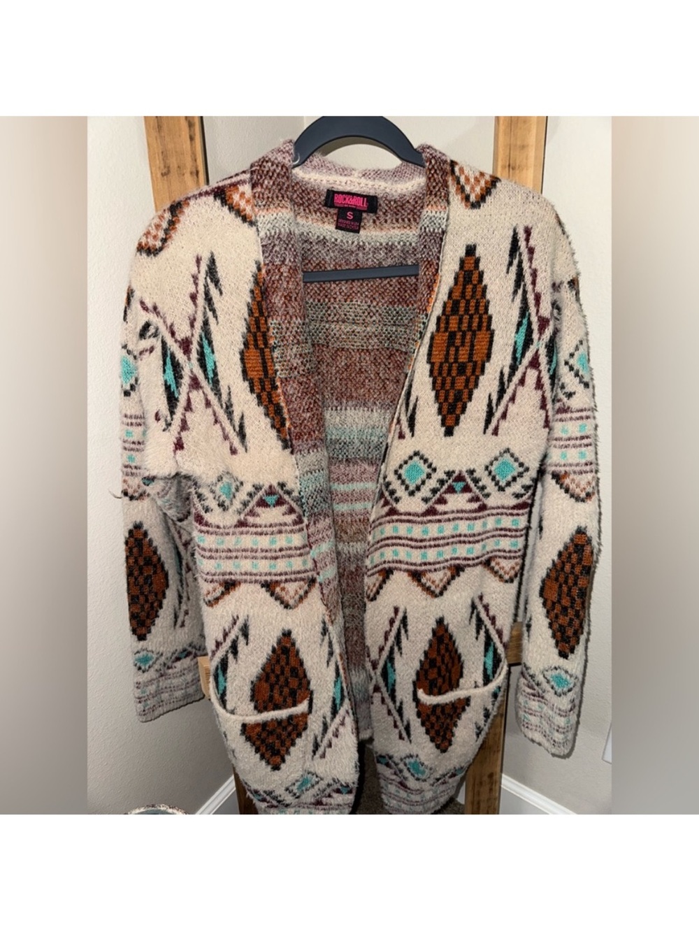 Rock & Roll Cowgirl Cream Aztec Knit Cardigan Sweater - oversized small boho